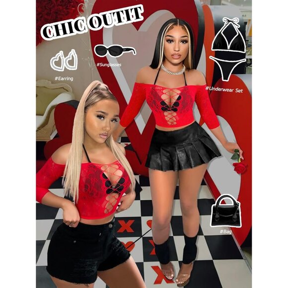 Red  Women’s Fishnet Lingerie Set Sexy Babydoll Bodysuit Nightwear Outfit - Picture 4 of 5